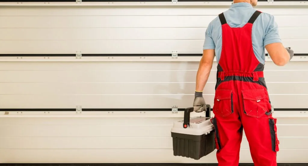 Technician finishing a garage door installation